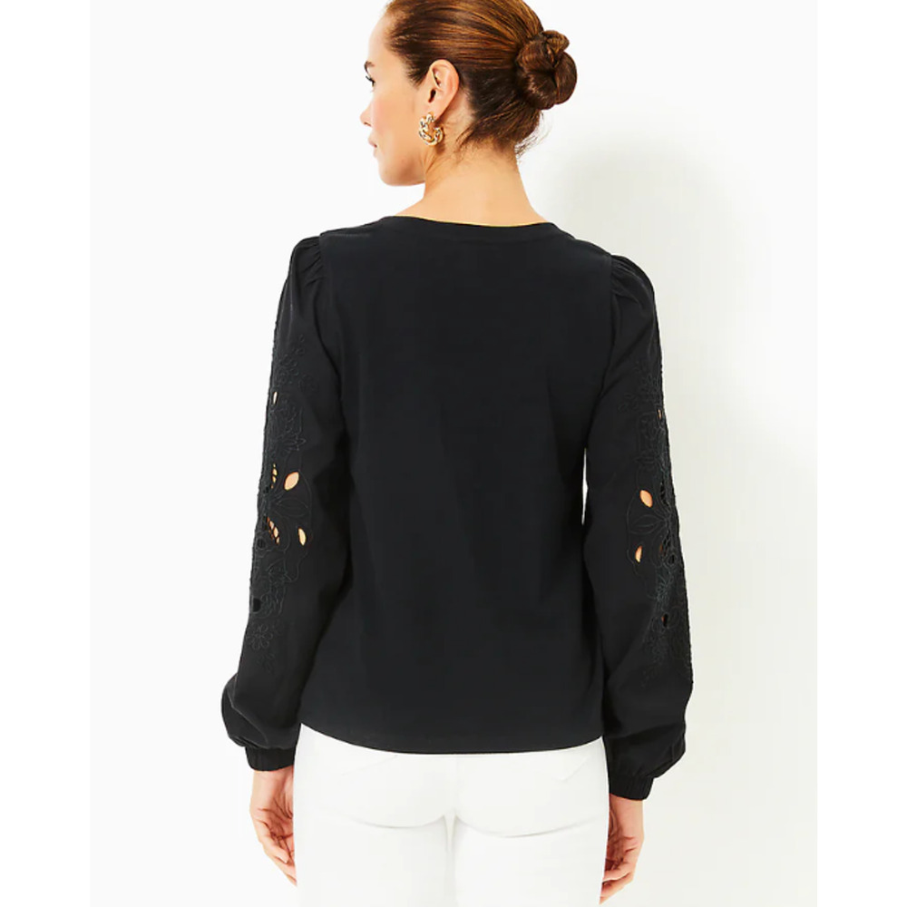 LILLY PULITZER Womens Isley Knit Top Large Black Long Eyelet Sleeves NWT - Picture 4 of 15
